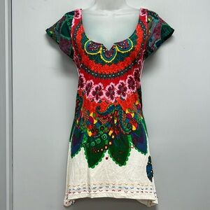 Desigual Floral Embellished with Beads and Sequins Tunic Dress Size Small